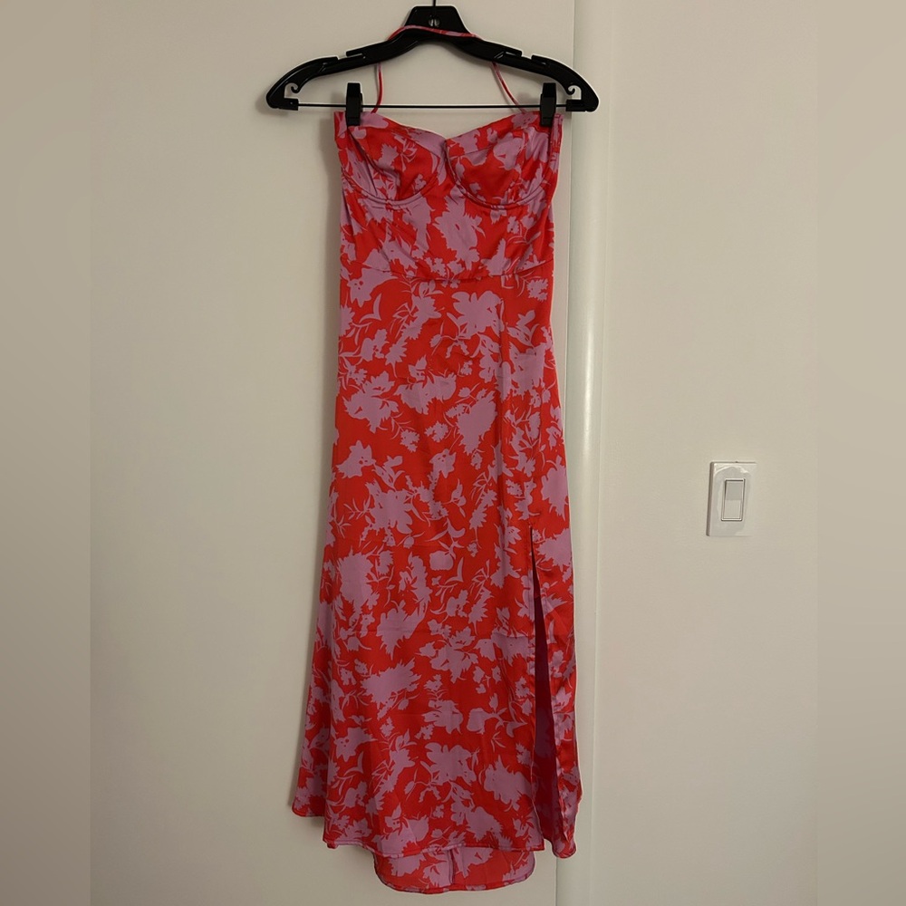 ASTR the Label Gala Bustier Cross Strap Midi Dress - Red/Pink Floral
